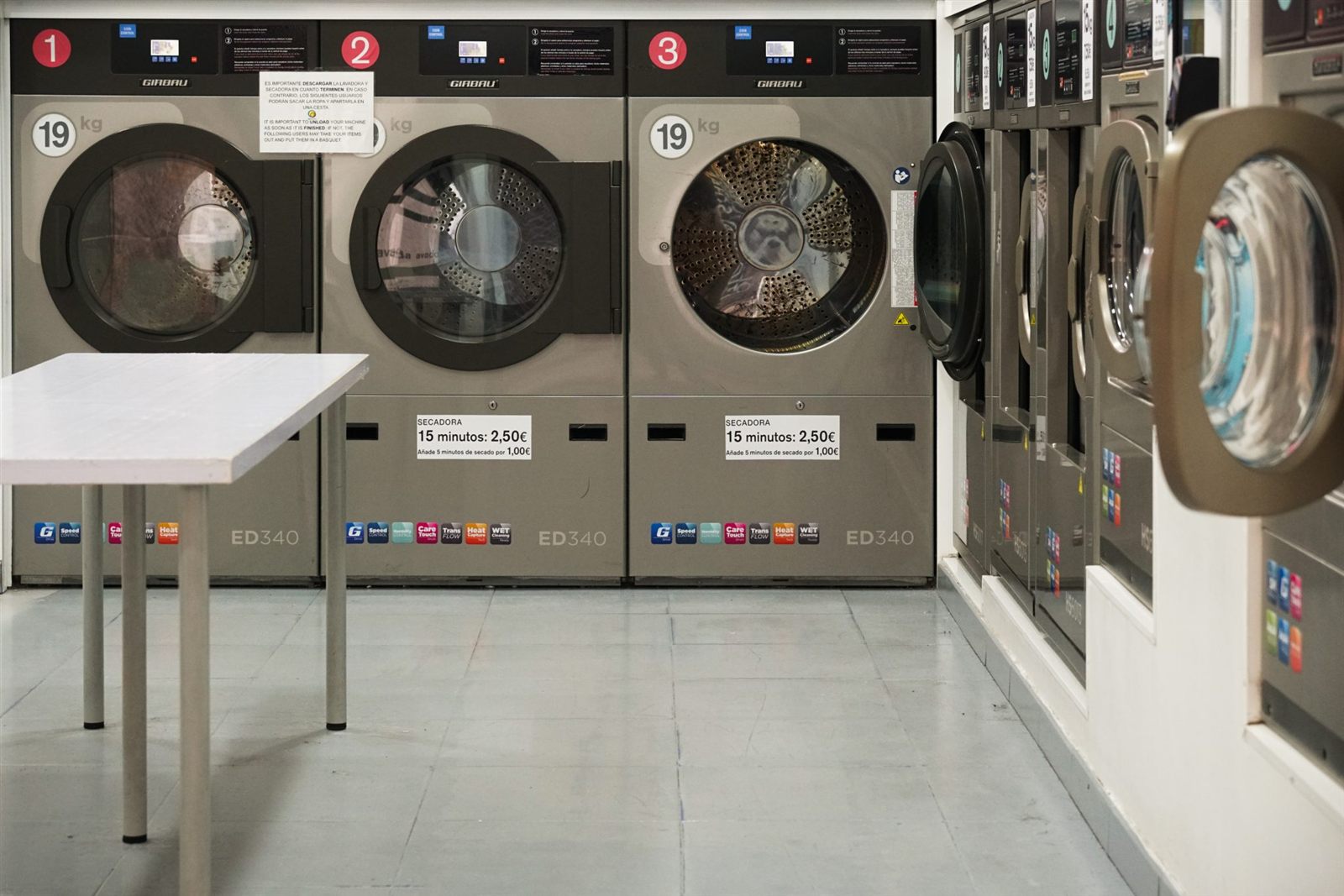 Row of commercial washing machines